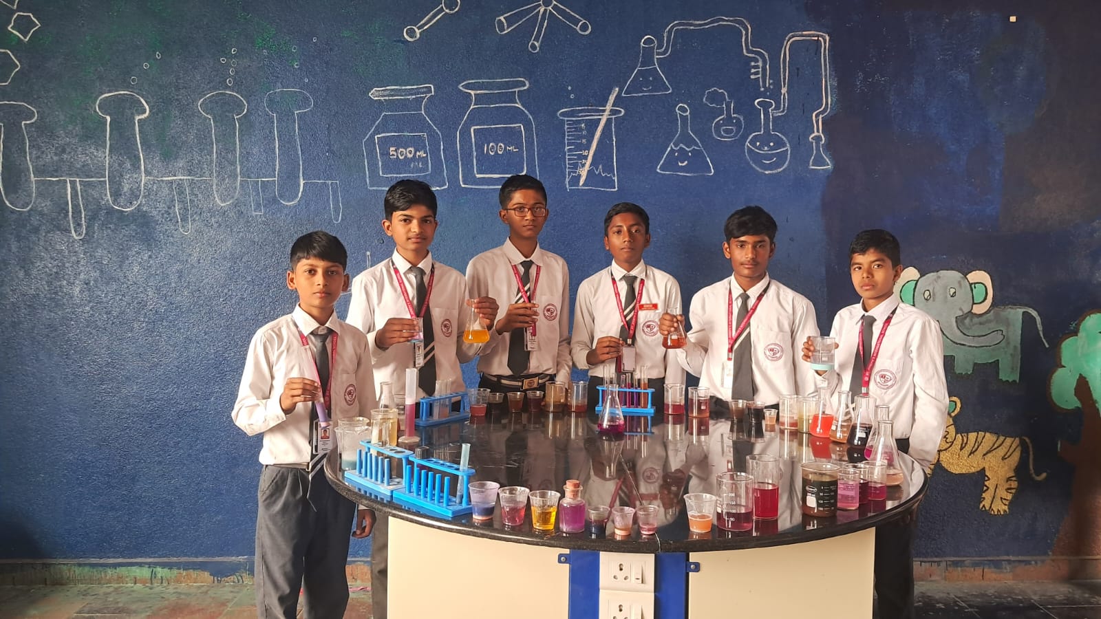 A well-equipped chemistry lab with beakers and test tubes.